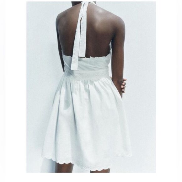 Zara NWT Cotton Eyelet Embroidered V-Neck  Mini Halter Dress Lined Size M - Picture 2 of 14
